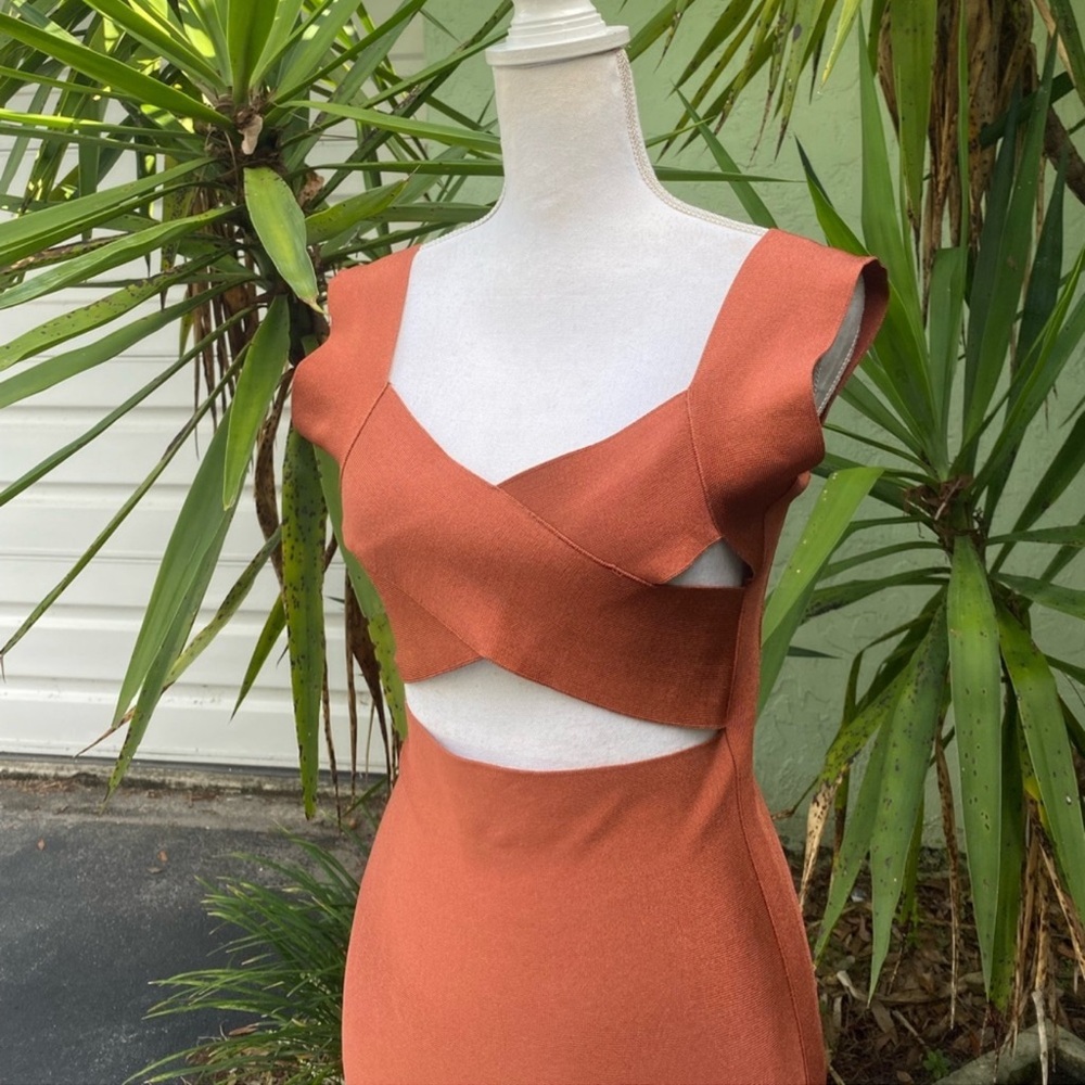 Rusty Burnt Orange Cut Out Bondage Dress - Picture 2 of 13